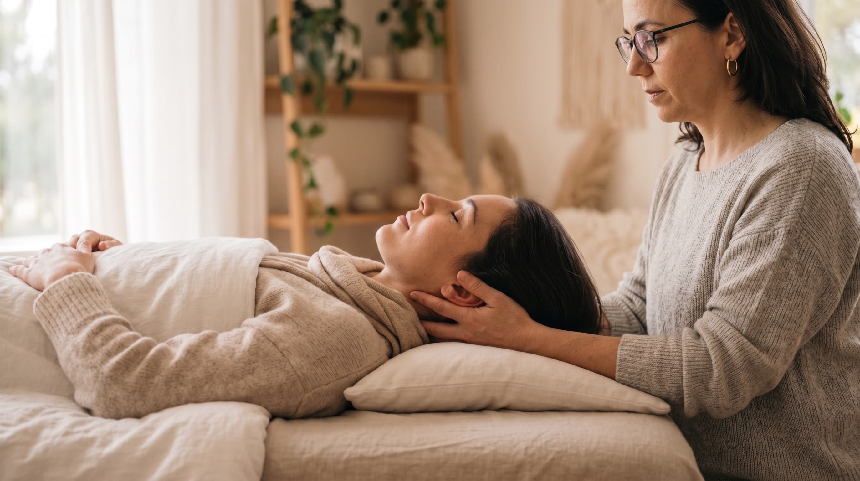 Maria Skortidis bei der Craniosacral Therapie in ihrer Praxis in Winterthur