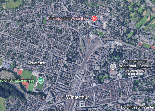 Luftbild der Altstadt Winterthur mit Lage der Craniosacraltherapie Praxis an der Untertor 1