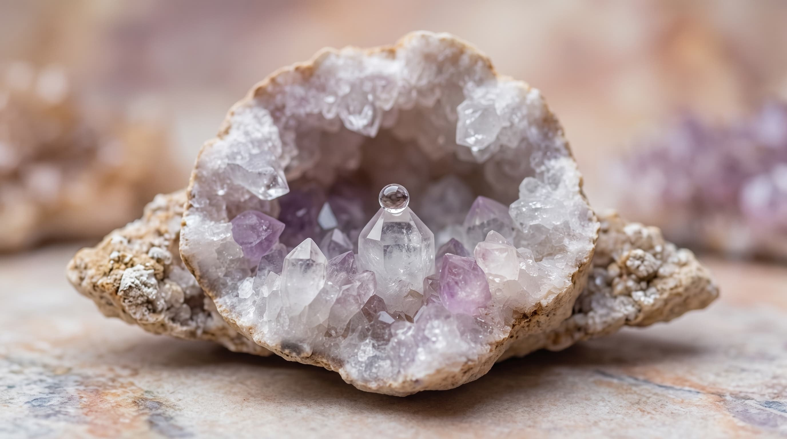 Aufgebrochene Amethyst-Geode mit klaren und violetten Kristallen – Sinnbild für innere Ressourcen und Frauengesundheit