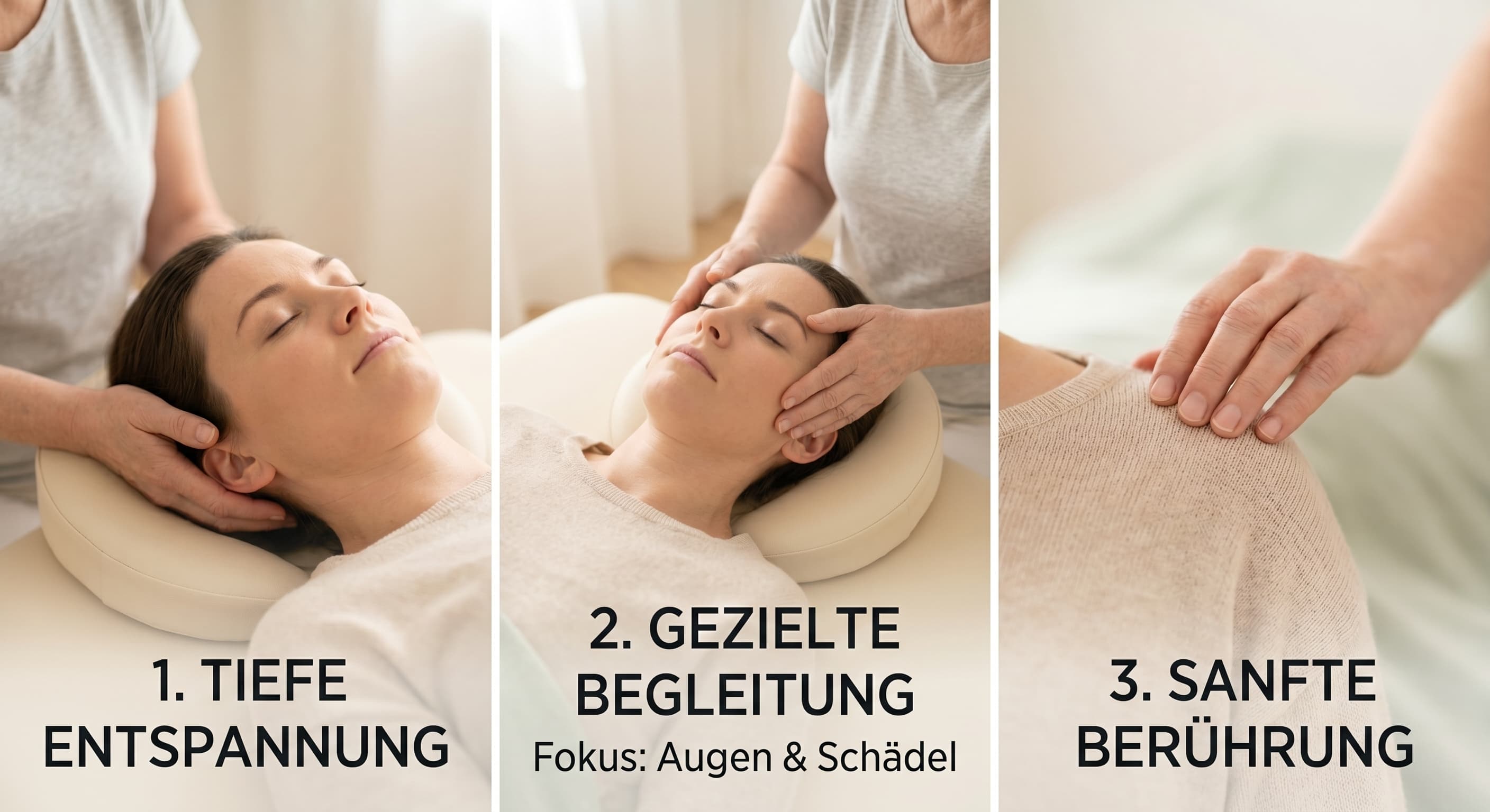 Craniosacral Therapie an Augen und Kopf in Winterthur: tiefe Entspannung, gezielte Begleitung mit Fokus auf Augen und Schädel, sanfte Berührung